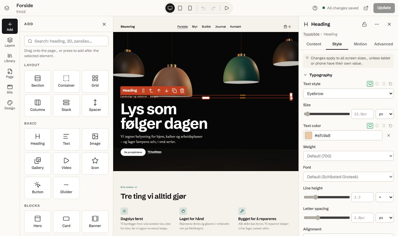 The editor: panels on the left, the page in the middle, settings for the selected heading on the right