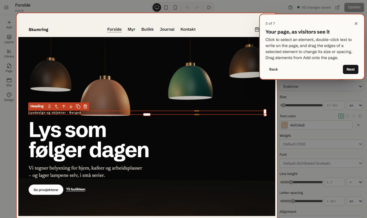 The guided tour points out the parts of the editor