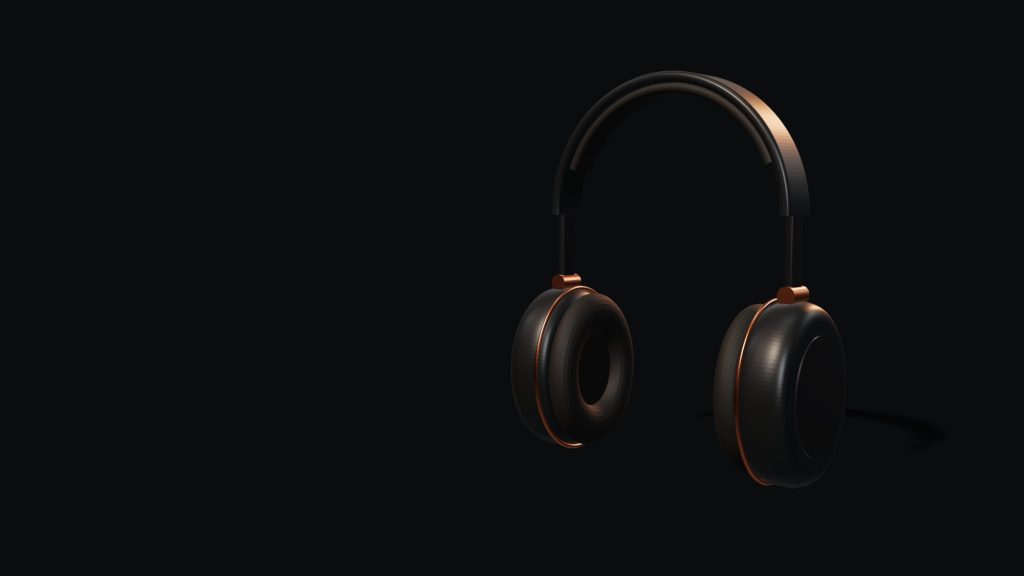Graphite headphones with copper details, in 3D.